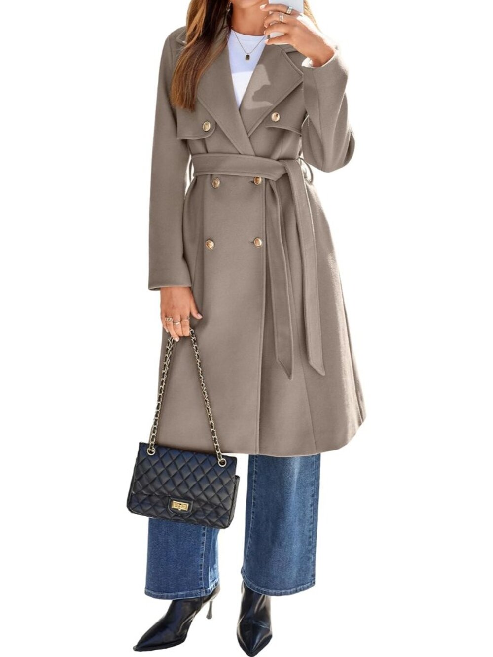 Women's Light Grey Long Sleeve Notched Lapel Collar Button Pockets Trench Coat